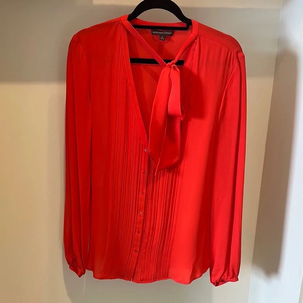 Vibrant Red Marchesa Voyage Women's Button Up Blouse with Neck Tie - Picture 1 of 5